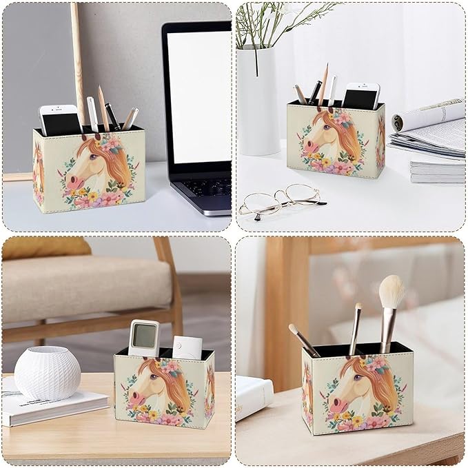 Famame Cartoon White Horse Wreath Pencil Holder for Desk, Leather Desktop Container Pen Cup Storage Study Table Pen Organizer Makeup Brush Holder for Classroom Office Home