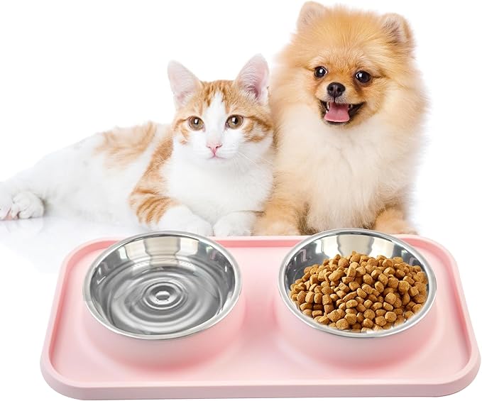MUYG Double Dog Food Bowls with Mat,Stainless Steel Dog Bowls with No Spill Non Skid Silicone Mat Removable Cats Water and Food Bowl Set for Puppy Cats Kitten Small Medium Dogs(Pink)