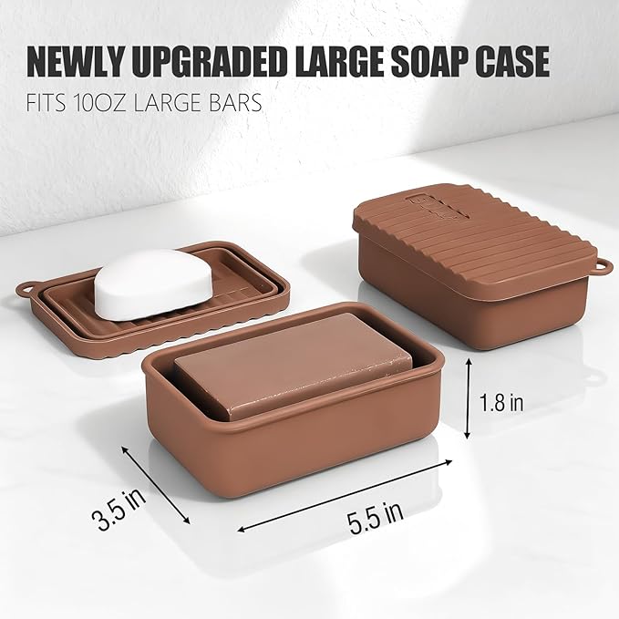 OTHIX Extra Large Silicone Leak Proof Travel Soap Case - Compatible with 10 oz Duke Cannon or Shampoo & Conditioner Bar Set | for Extended Trips, Outdoor Adventures, or Truck Drivers (Coffee Brown)