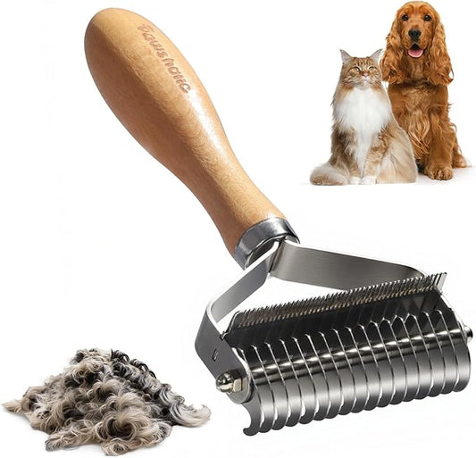 3-in-1 Professional Pet Shedding Dematting Comb - Deshedding Undercoat Rake for Dogs with Stainless Steel Blades Metal Pet Brush with Wood Handle Matted Hair Detangling Thinning and Shedding