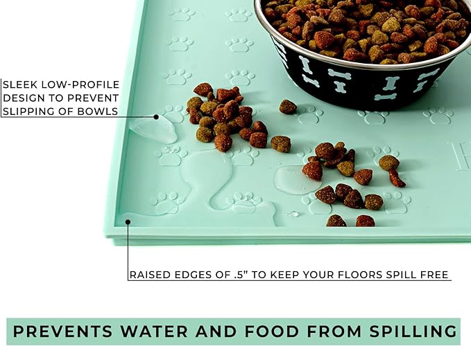 Humble Pet Food Mat Feeding Tray - Non-Slip, Anti-Spill, Raised Dog Food Bowl Mat, Easy Clean Waterproof - Premium Quality Silicone - Perfect for Dogs and Cats, 24"x16" (Cool Mint)