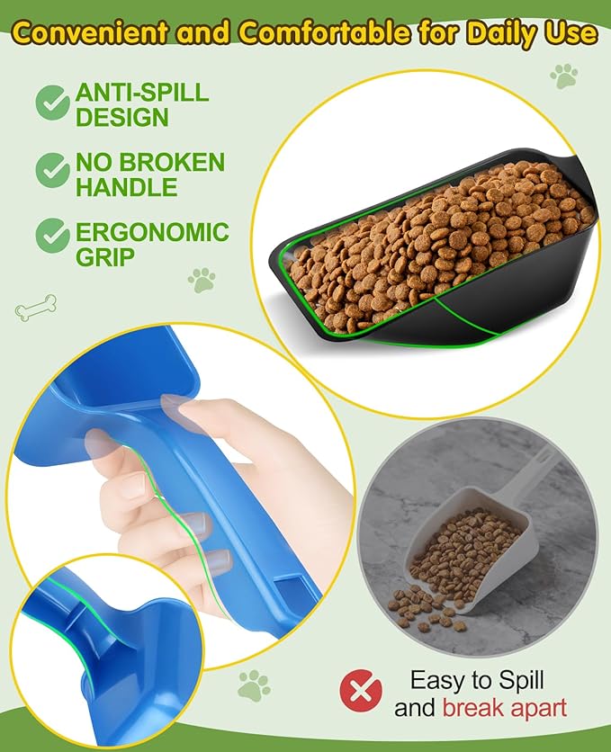 GNEOCO 2 Pack Dog Food Scoop with 1 Cup and 2 Cup Capacity, Plastic Pet Food Measuring Scoops with Clear Measurement Lines for Dogs, Cats & More,Dishwasher safe (Blue and Black)
