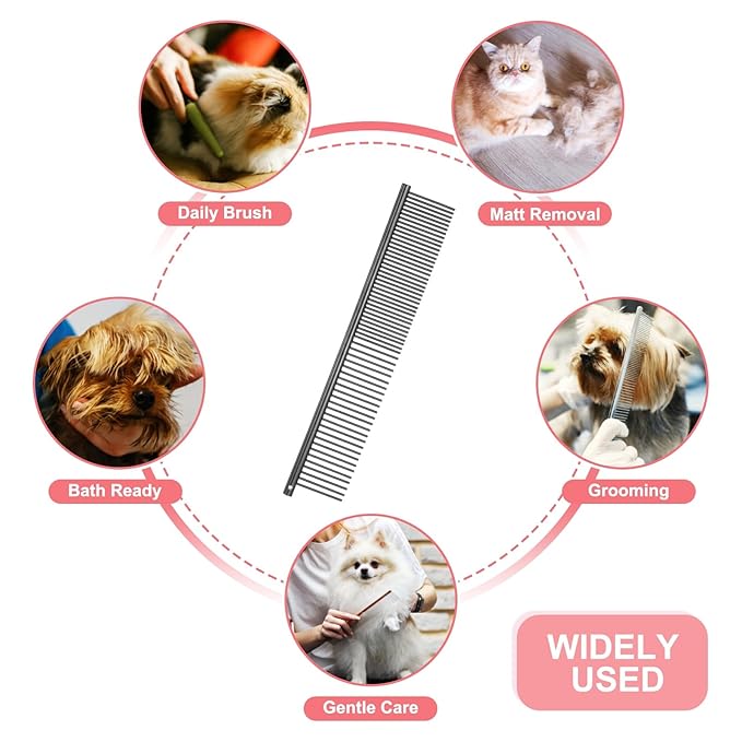 PETAXCELL Dog Cat Comb, Pet Combs Stainless Steel Teeth with Rounded Ends for Knots Mats Loose Hair Removal, 6.5/7.5IN (Black Plated, 2 Pack), Grooming Tool Intended for Long Curly Hair Pet