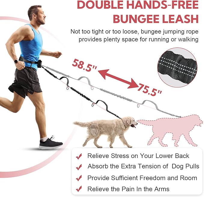 Hands Free Dog Leash, Waist Leash for Dog Walking 2 Dogs with Padded Handles, Dog Walking Accessories, Tangle Free, No Pull