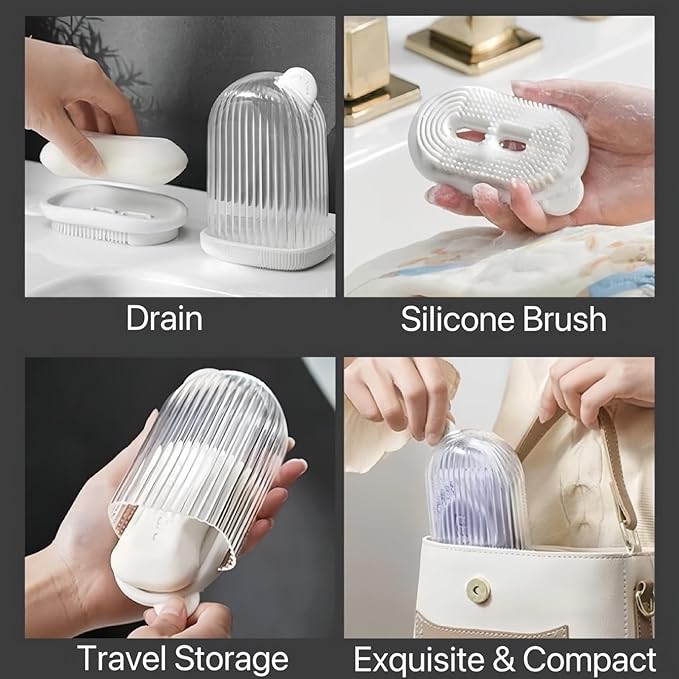 Travel Soap Case Container Leakproof Bar Soap Box with Lid Soap Holder with Draining Layer and Silicone Brush Portable Soap Dishes for Traveling Camping Gym Shower Outdoor (White)