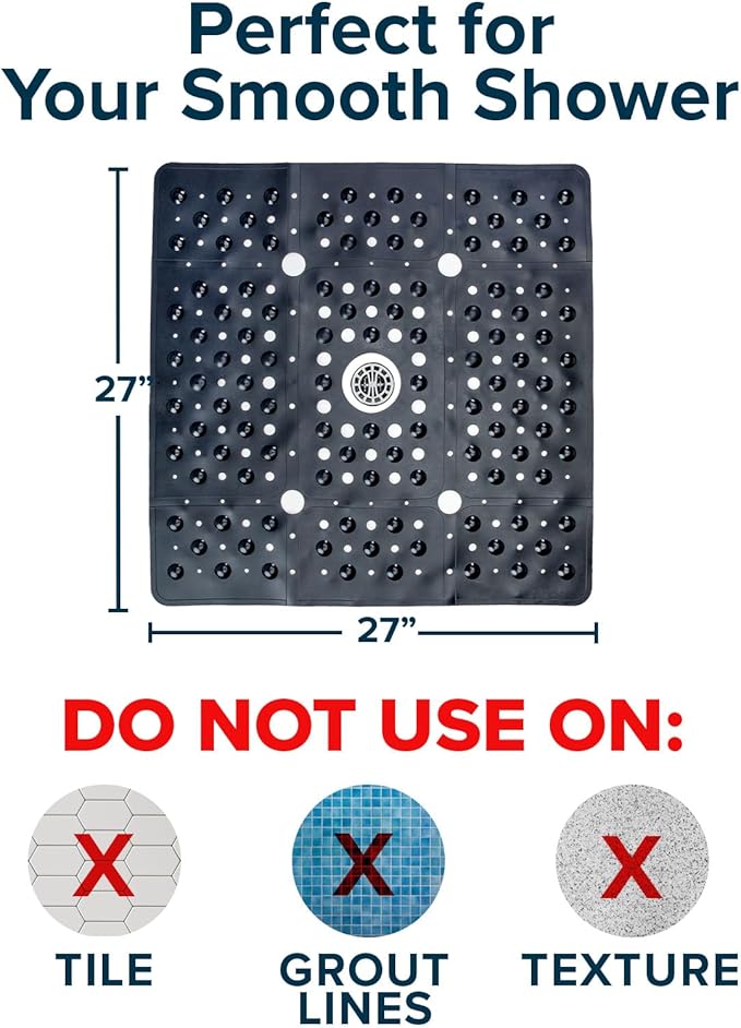 SlipX Solutions 27" Oversize Square Shower Mat, Non-Slip Mat for Elderly & Kids, 100+ Power Grip Suction Cups for Smooth Surfaces, Machine Washable, Black