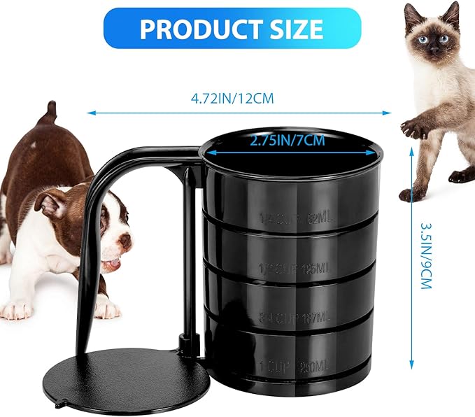 Pet Food Scoop, Dog Food Cups, Plastic Food Scoop with Measuring Lines, (Includes 1 C, 3/4 C, 1/2 C, 1/4 C), Pet Food Measuring Cups for Dog, Cat or Bird Food, Injection Molded and Dishwasher Safe (Black)