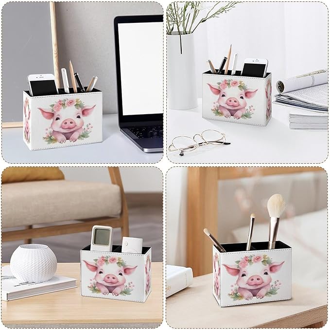 Famame Floral Crown Pink Pig Pencil Holder for Desk, Leather Desktop Container Pen Cup Storage Study Table Pen Organizer Makeup Brush Holder for Classroom Office Home