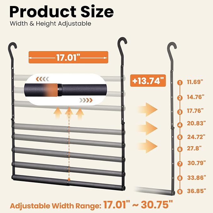Stepless Extender Closet Hanging Rod - Heavy Duty Closet Rods for Hanging Clothes, Adjustable Width & Height, Space-Saving Matte Black Closet Organizer for Hanging & Drying, Easy to Install