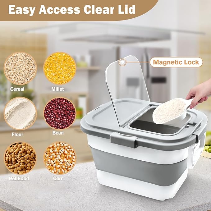 Komzon Rice Storage Container, Collapsible Airtight 10-40 Lb Rice Storage Container, Pet Dog Food Storage Container 25lb, Rice Dispenser Bin with Cup and Scoop for Flour Cereal Pasta Grain, Cat Bird
