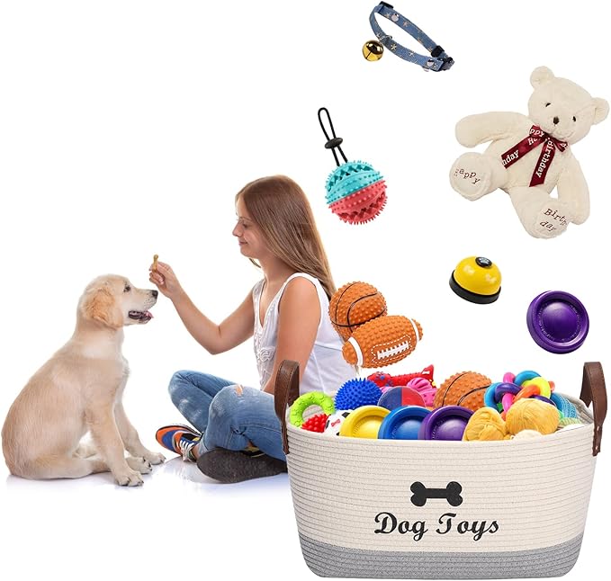 Large Cotton Dog Toy Basket Storage - 16.5"x10.6"x7.5" Puppy Bin - Perfect for Organizing Pet Toys, Blankets, Leashes & More