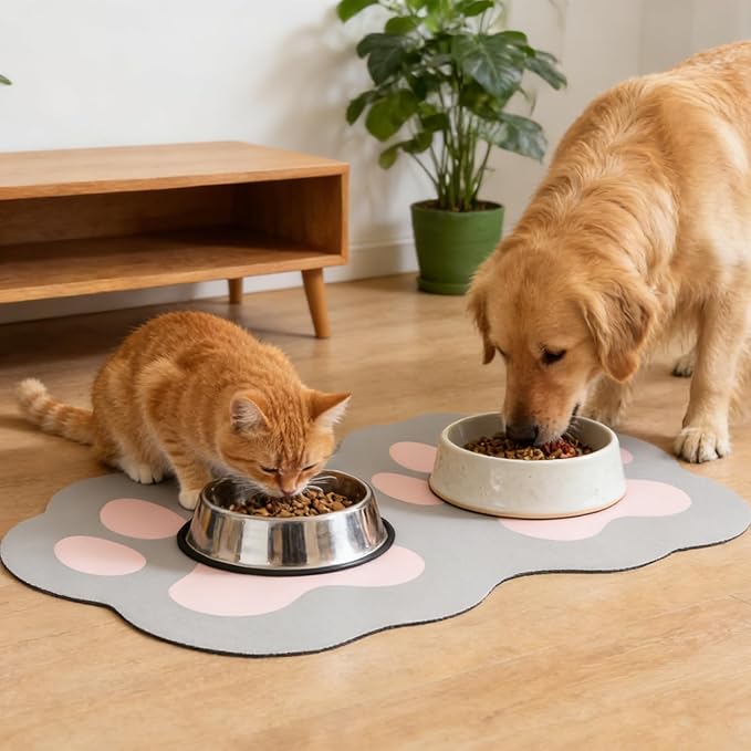 PUPTECK Dog Food Mat, Quick Absorbent Pet Cat Feeding Mat, Anti-Slip Dog Placemat for Food and Water Bowls with Rubber Backing, No Stains Floors Waterproof Indoor, LightGrey & Pink 16"x24"