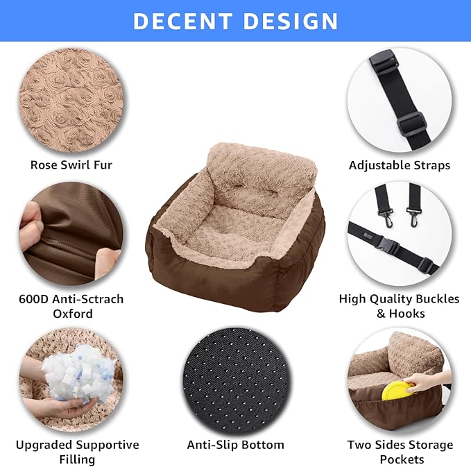 Dog Car Seat for Small Dogs, Washable Pet Booster Seats with Clip-On Safety Leash, Comfy Deluxe Plush Carseat with Storage Pockets, Puppy Car Travel Carrier Bed for Dogs Under 25 lbs, Brown