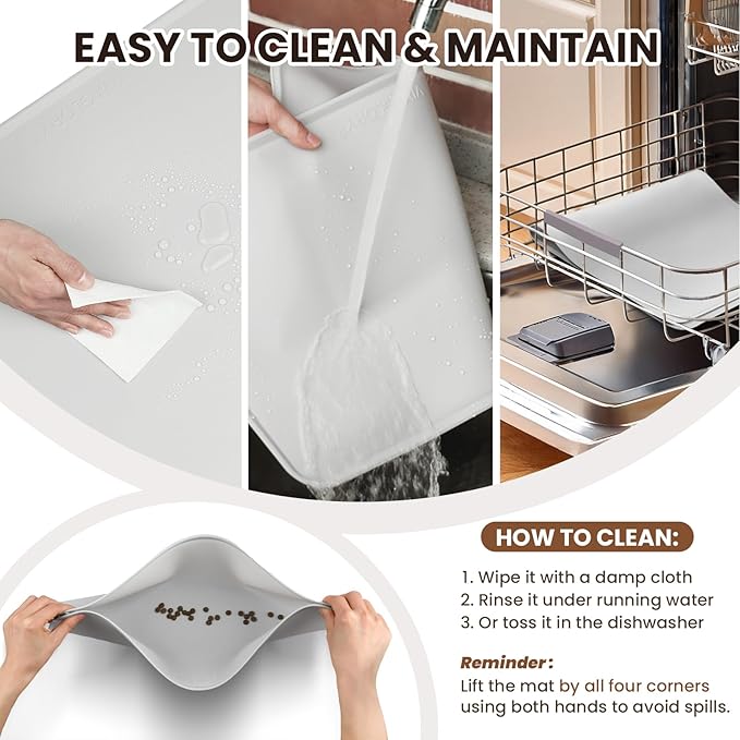VIVAGLORY Dog Food Mat Flexmat Dog Bowl Mat, Placemat Food Tray with Raised Edges & Lip for Indoor Floor, Non Slip Waterproof Silicone Dish Placemat for Cat & Pet, S, Grey