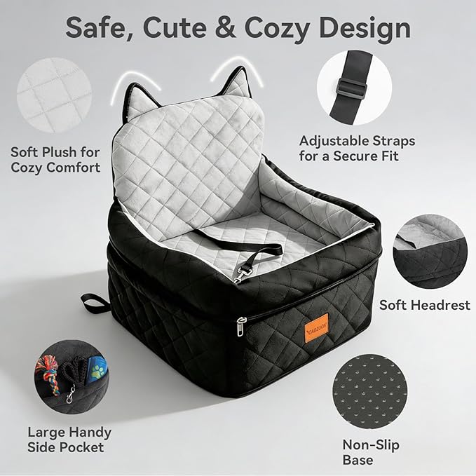 CABZOON Dog Car Seat for Small/Medium Dogs Up to 35lbs,Elevated Cushion Fits in Front/Back Seat,Travel Safety Per Car Bed with Washable Removable Cover, Storage 2 Pockets Black-Grey