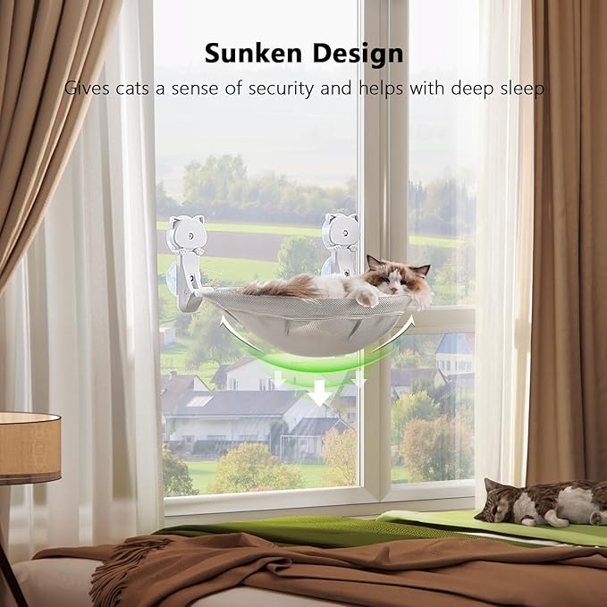 JUNSPOW Cat Window Perch Cordless, Glow in The Dark & Stable Cat Beds- Breathable Window Hammock for Overlooking, Sunbathing and Climbing - Maximum Hold Up to 40lb(Light Grey)