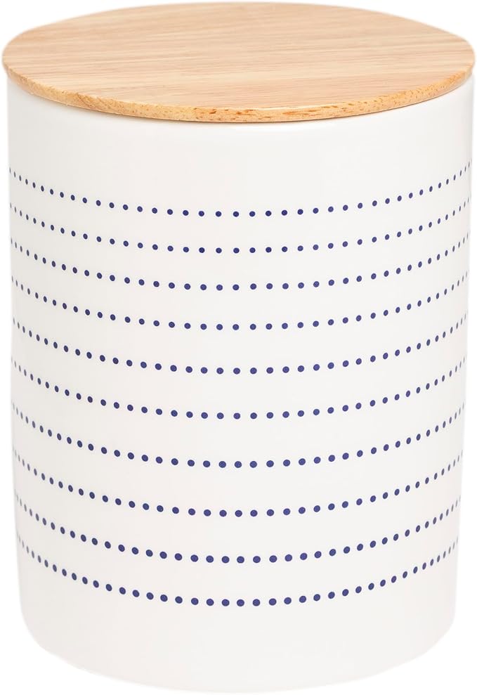 Pearhead Ceramic Dog Treat Jar with Wooden Lid – Container for Dog Biscuits & Training Treats, Airtight Stoneware Pet Snack Storage Canister, Modern Blue Dot Kitchen Countertop Jar