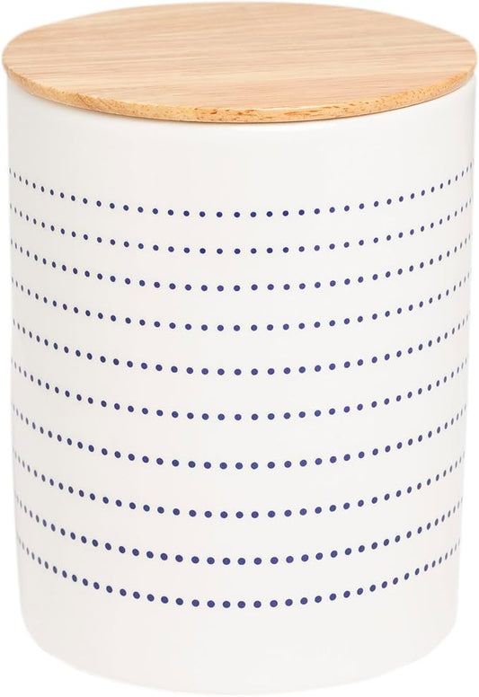 Pearhead Ceramic Dog Treat Jar with Wooden Lid – Container for Dog Biscuits & Training Treats, Airtight Stoneware Pet Snack Storage Canister, Modern Blue Dot Kitchen Countertop Jar
