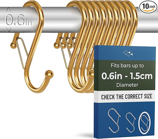 10-Pack Metal S Hooks for Hanging – Heavy-Duty S-Shaped Hooks with Safety Buckle – Fits Bars up to 0.6 In – Anti-Drop Hook for Kitchen, Pot Racks & Towel Bars – Gold (Small)
