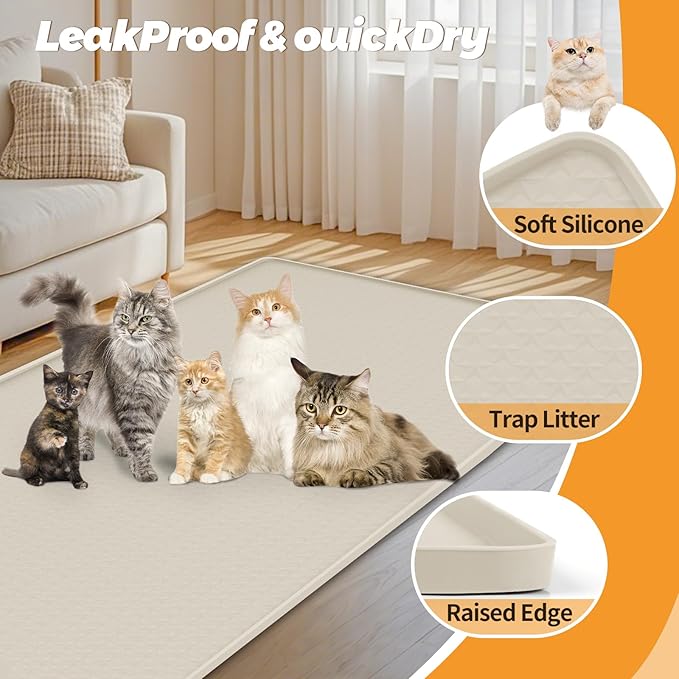 Bartuke Cat Litter Mat, Extra Large 51" x 25.6" Silicone Mat Litter Trapping Mat for Scatter Control, Soft on Kitty Paws, Easy to Clean (Beige)