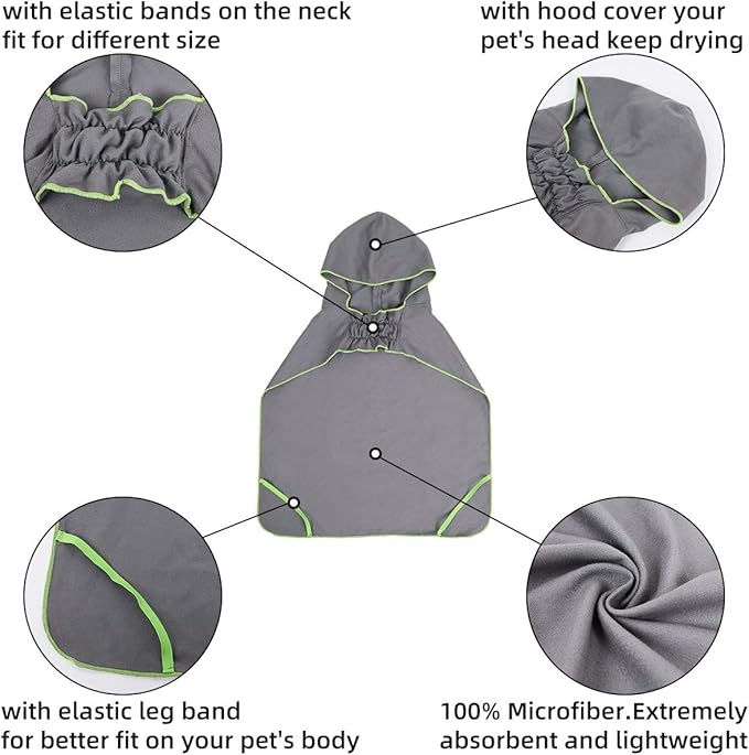 DogLemi Super Absorbent Bath Towels for Dogs Fast Drying Dog Bathrobe 100% Microfiber Washable Towel Robe with Hood for Large Medium Small Pets (Grey, S)