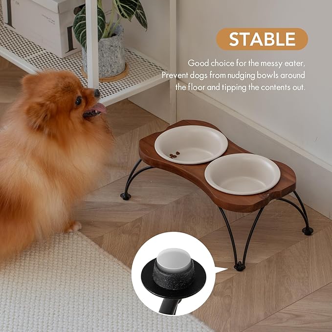 Ceramic 6.3-inch Raised Double-Bowl Set with Non-Slip Stand, 1.5 Cup Food or 15 oz Water Dishes for Small Dogs, Wide Opening with Rounded Edges(Matt White)