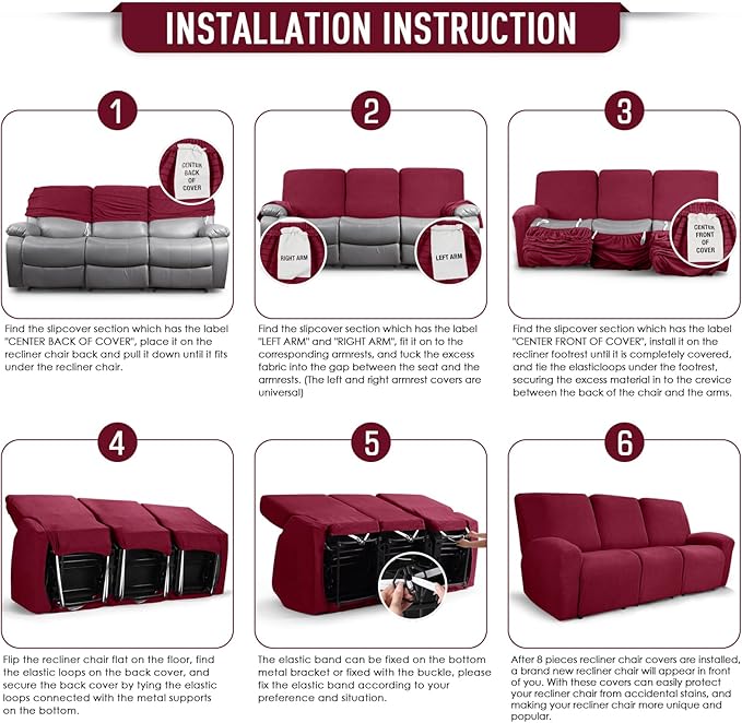 TAOCOCO Recliner Sofa Covers 8-Pieces Stretch Large Couch Covers for 3 Seats Reclining Slipcovers Soft Jacquard Pattern Furniture Protector (Burgundy)