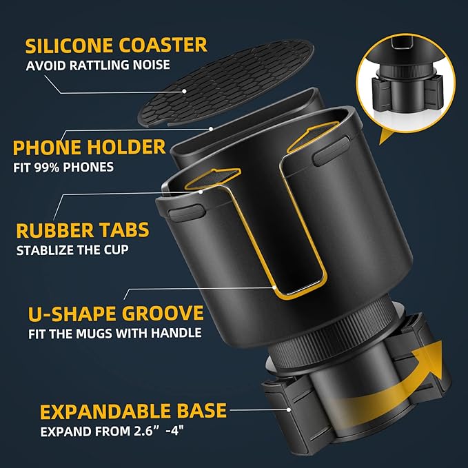 Car Cup Holder Expander, Cup Holder Extender Adapter for Car with Adjustable Base, Fits YETI 24/36/46oz, HydroFlask 32/40oz, Large Water Bottles in 2.7"-4.2" (16-46 OZ)
