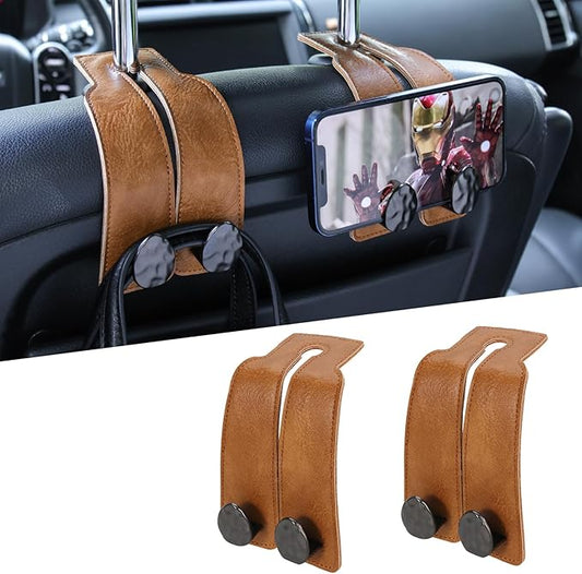 2PCS Leather Car Seat Hooks for Headrest, Vehicle Hanger Storage Organizer Universal for Handbag Purse, Car Accessories Gift (Brown-Black)