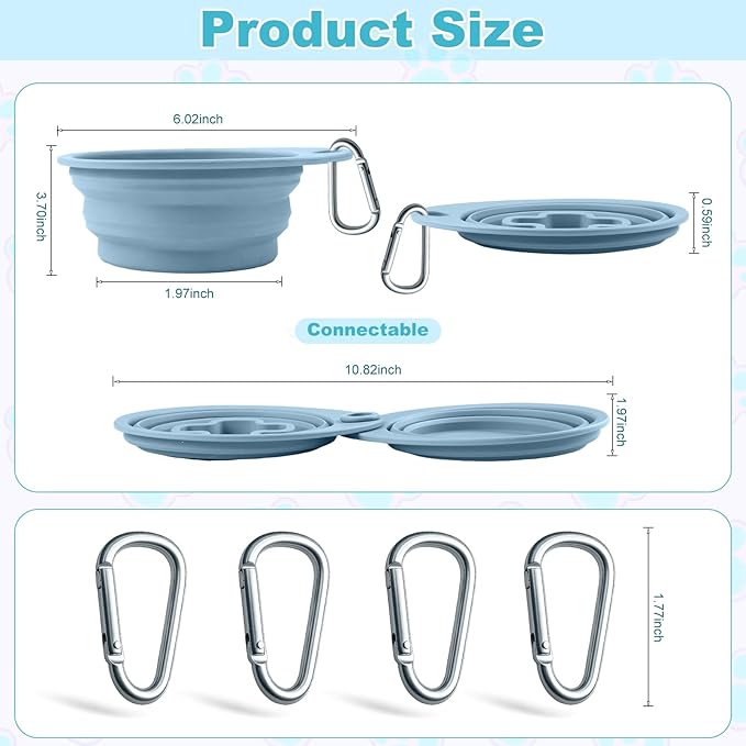 2-Pack Silicone Collapsible Dog Bowls with 4 Carabiners, Food-Grade Portable Pet Travel Bowls for Dogs & Cats, Foldable Water Feeder for Outdoor, Hiking, Camping(Blue)