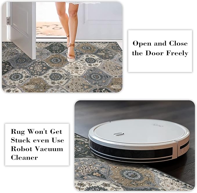 Lahome Moroccan Trellis Washable Runner Rug, 2x6 Runners for Hallways 6 Feet Non Slip Vintage Laundry Room Rug Vintage Ultra-Thin Long Carpet for Kitchen Bedroom Elise, Grey