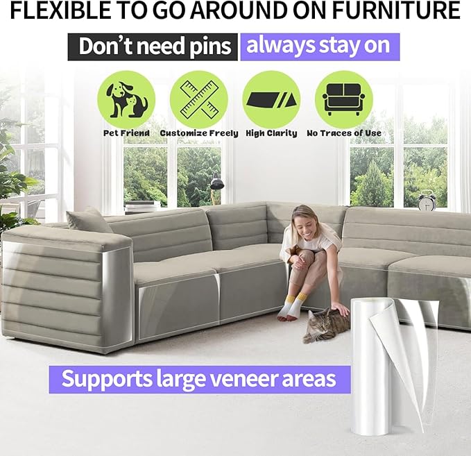 [Thicken Vinyl] Cat Scratch Furniture Protector, 162"x15" Couch Protector from Cat Claws, Single-Sided Sticky Anti Scratch Furniture Protector,Extended Size Protects More Furniture+50 Fixing