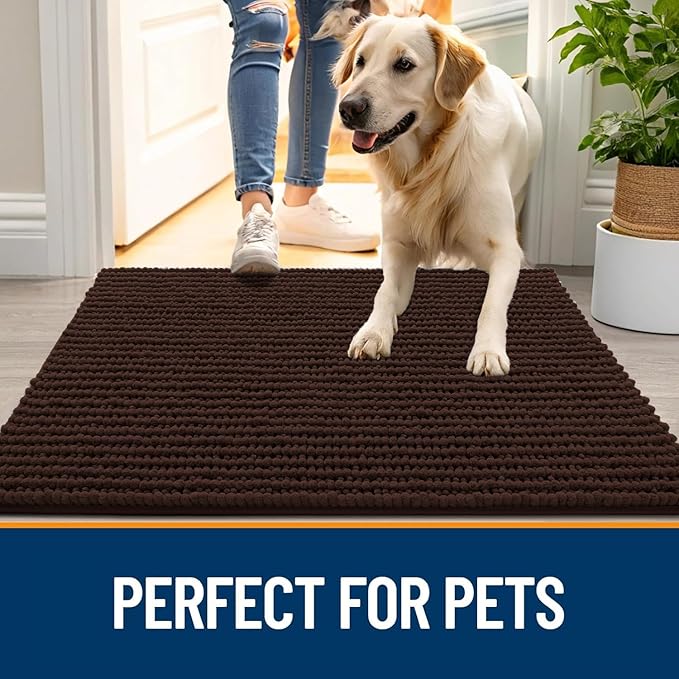 OLANLY Dog Door Mat for Muddy Paws 59x24, Ultra Absorbent Chenille Mud Doormat, Non-Slip Washable and Dirt Trapping Doormat for Indoor Entryway, Quick-Dry Indoor Pet Bed Mats for Dogs, Brown