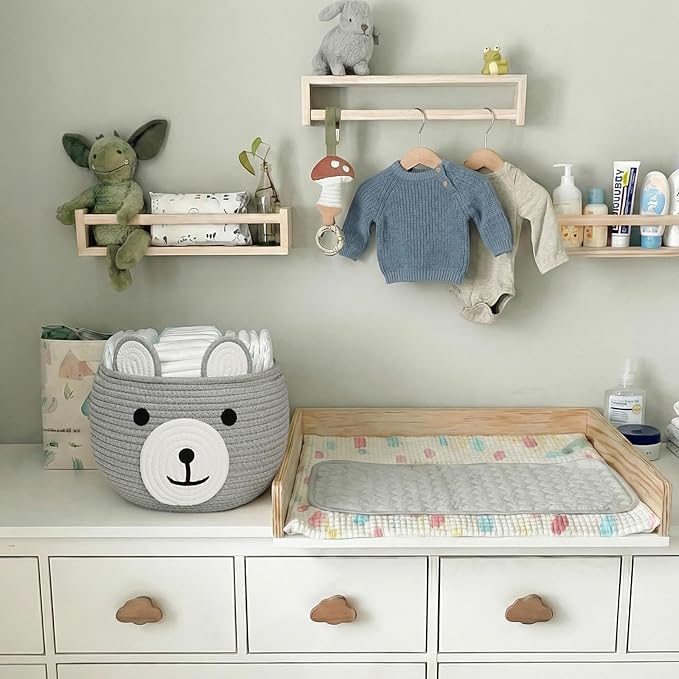 CherryNow Baby Basket for Nursery, Bear Gift Baskets Empey for Kids, Diaper Caddy Baby Shower Basket, Cute Animal Baskets for Toy Storage, Light Grey, 10.5"D x 8.5"H