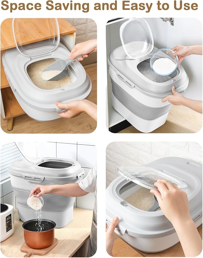 DDMOMMY 20-50 Lbs Food Storage Container With Wheel, Airtight Locking Lid, Collapsible Rice Container, Flour Storage With Small Container and Scoop, Suitable for Pet Food