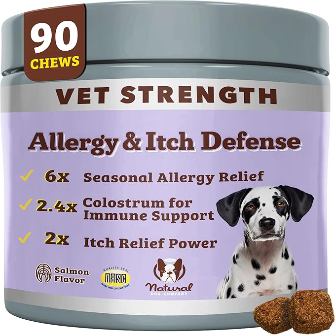 Natural Dog Company Allergy & Itchy Defense Chews 90 ct, Vet Strength High-Concentration Dog Allergy Relief with 2.4X Colostrum,2X Salmon Oil & 1.5X Probiotics, Supports Immune,Coat & Gut Health