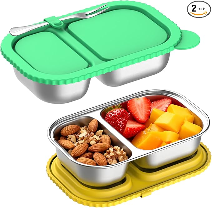 Stainless Steel Snack Containers with Silicone Lids, 2 Pack Reusable 2 Compartment Food Storage Containers, Snackle Box Container Leak-Proof Metal Bento Lunch Box for School, Travel, Home