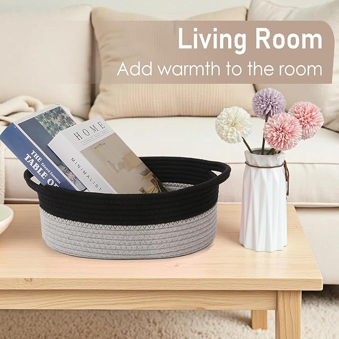 JMvicyroam Woven Basket,Small Rope Storage Bin with Handles & Ribbon Bag, Organizer for Shelves Closets,Gift Basket Empty for Birthday,Books,Dog Toys, Black&Grey/2 Pack