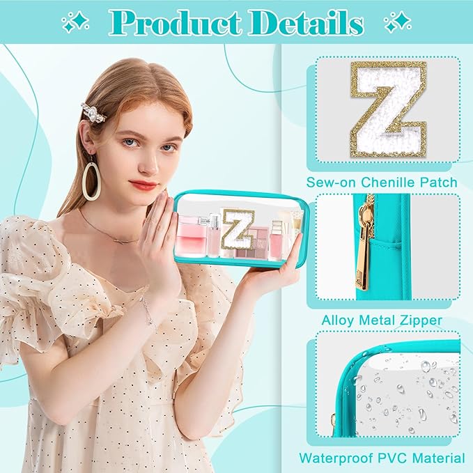 Personalized Initial Letter Clear Makeup Bag,Preppy Small Nylon&PVC Cosmetic Zipper Bag with Chenille Letter,Portable Beach Travel Skincare Toiletry Bag,Trendy Monogram Gift for Teen Girls Women,Z