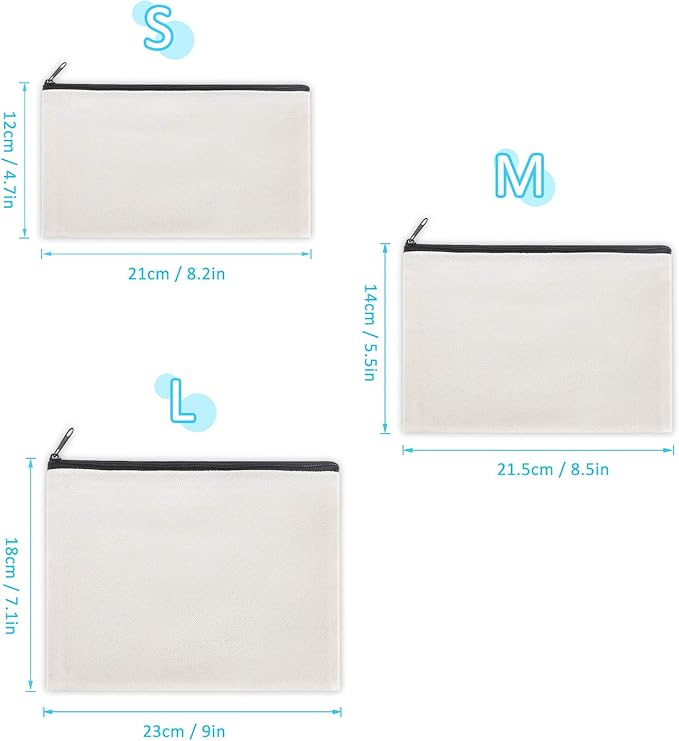 12 Pieces Cotton Canvas Makeup Bag, Multipurpose Cosmetic Bag with Zipper Travel Toiletry Pouch, Blank DIY Craft Bag (Grey, S)