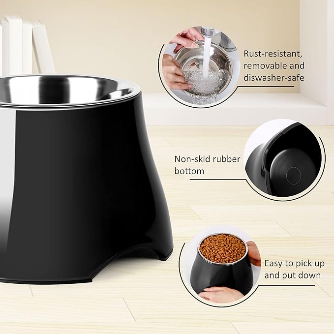 Dog Bowls,Cone Friendly Non Slip Single Dog Bowl with Stainless Steel Inner, Raised Bowls for Small Dogs Spaniel Dogs Long Ear, High Capacity, M/2 Cup Black
