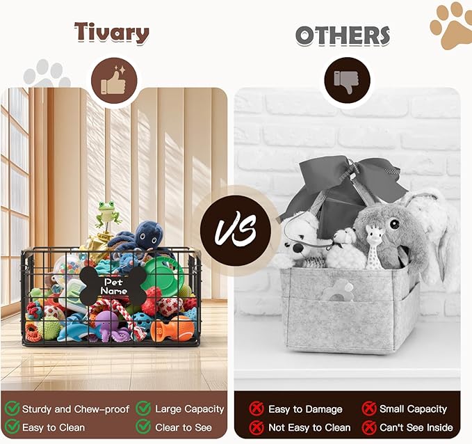 Dog Toy Basket, Chew-Proof Metal Dog Toy Bin with Handles, Pet Stuff Storage Organizer Box for Dogs with Marker Pen, Portable & Foldable Puppy Toys Basket for Living Room, 15.8''×11.8''×11.8''
