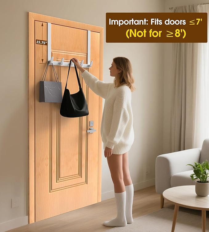 CHAUNCEY HOME Long Over The Door Hooks with 15.75-inch Arms for Easier Access by Women, Heavy Duty Door Hanger for Winter Coat, L16U, Fits Standard 1 3/4'' Doors, Towel Racks Organization, White