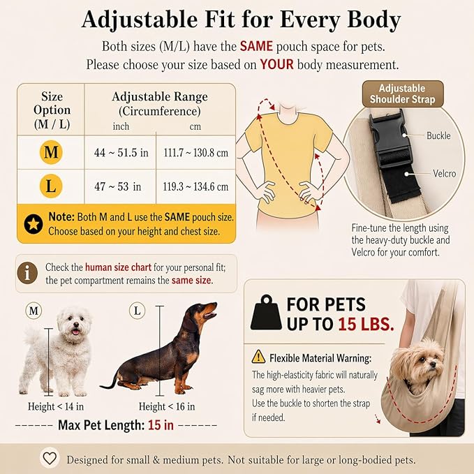 Dog Sling Carrier for Small Dogs Cats up to 15 lbs - Hands Free Puppy Carrier Bag (Plus Size L) - Ergonomic Padded Shoulder Strap & Safety Hook Based on Owner's Bust Length, Dark Gray