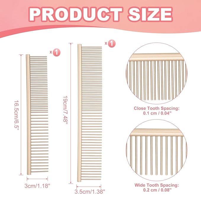 PETAXCELL Dog Cat Comb, Pet Combs Stainless Steel Teeth with Rounded Ends for Knots Mats Loose Hair Removal, 6.5/7.5IN (Gold Coated, 2 Pack), Grooming Tool Intended for Long Curly Hair Pet