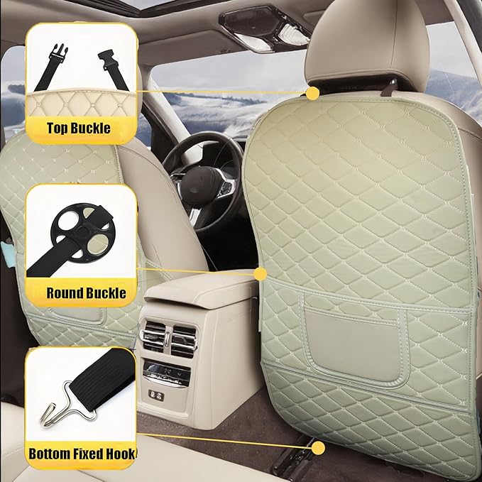 Leatherette Car Seat Protector - 2 Pack Large Car Kick Mats with Storage Pockets Organizer Seat Back Cover Against Dirty Shoes & Scratches, Universal Fit for Most Vehicles, Beige