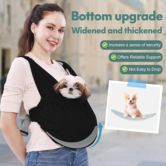 Supet Dog Sling Carrier for Small Pets, Hands Free Cat Sling, Reducing Back Neck Pain Anti-Anxiety Puppy Front, Adjustable Soft Dog Carrying (Black-2, Plus 7-15 Lbs)
