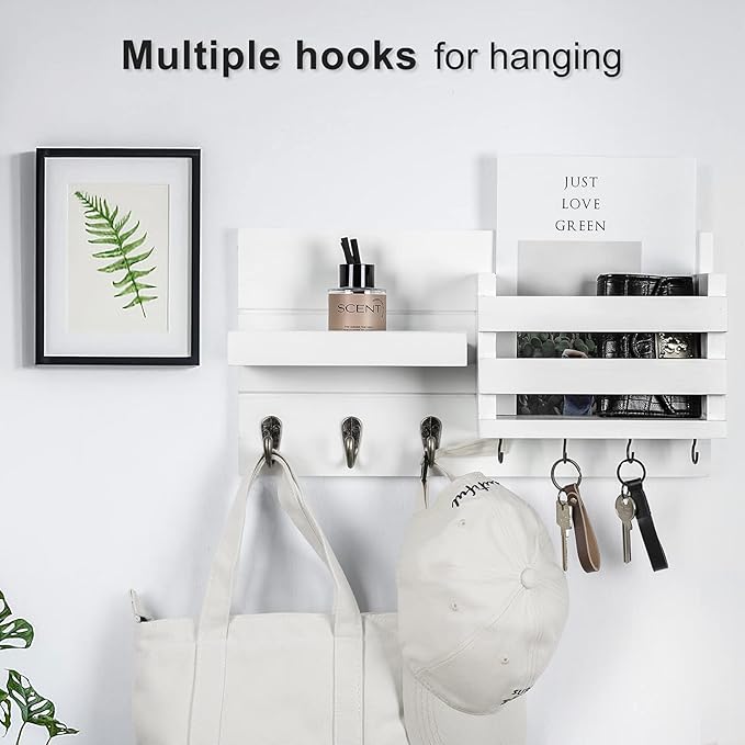 Lwenki Mail Organizer for Wall Mount – Key Holder with Shelf Includes Letter Holder and Hooks for Coats, Dog Leashes – Rustic Wood with Flush Mounting Hardware (16.5” x 8.7” x 3.5”)
