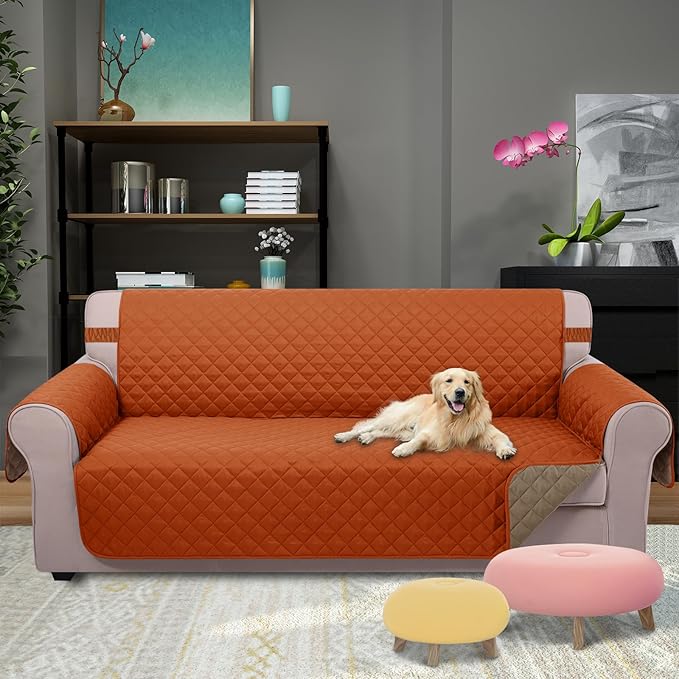 U-NICE HOME Large Sofa Cover Reversible Couch Cover for Dogs with Elastic Straps Water Resistant Furniture Protector for 4 Cushion Couch (Oversized Sofa, Orange/Taupe)