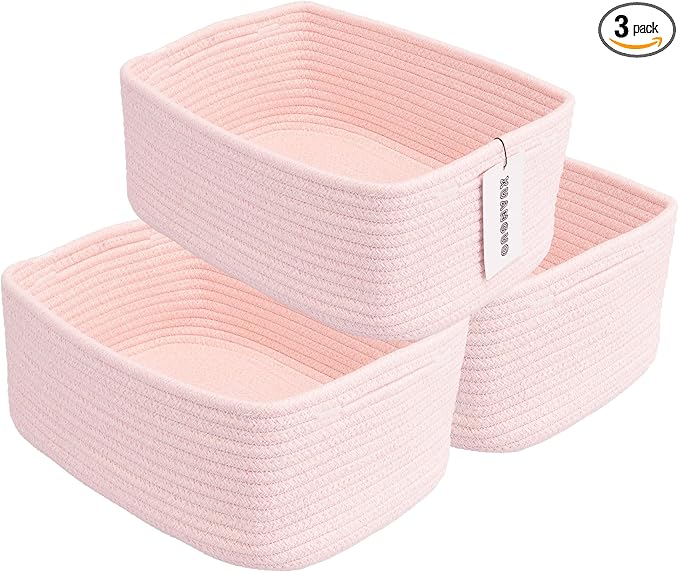 XUANGUO Small Woven Storage Baskets 13“X9”X5“ Decorative Rope Bins for Organizing Shelves, Closets, and Toys, Empty Gift Baskets, Cute Organizer Basket for Home and Office (pink, Large)